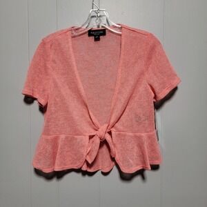 Perceptions New York Coral Knit Front Tie‎ Front Peplum Cardigan Bolero Sweater